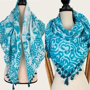 Blue Patterned Scarf with Tassels